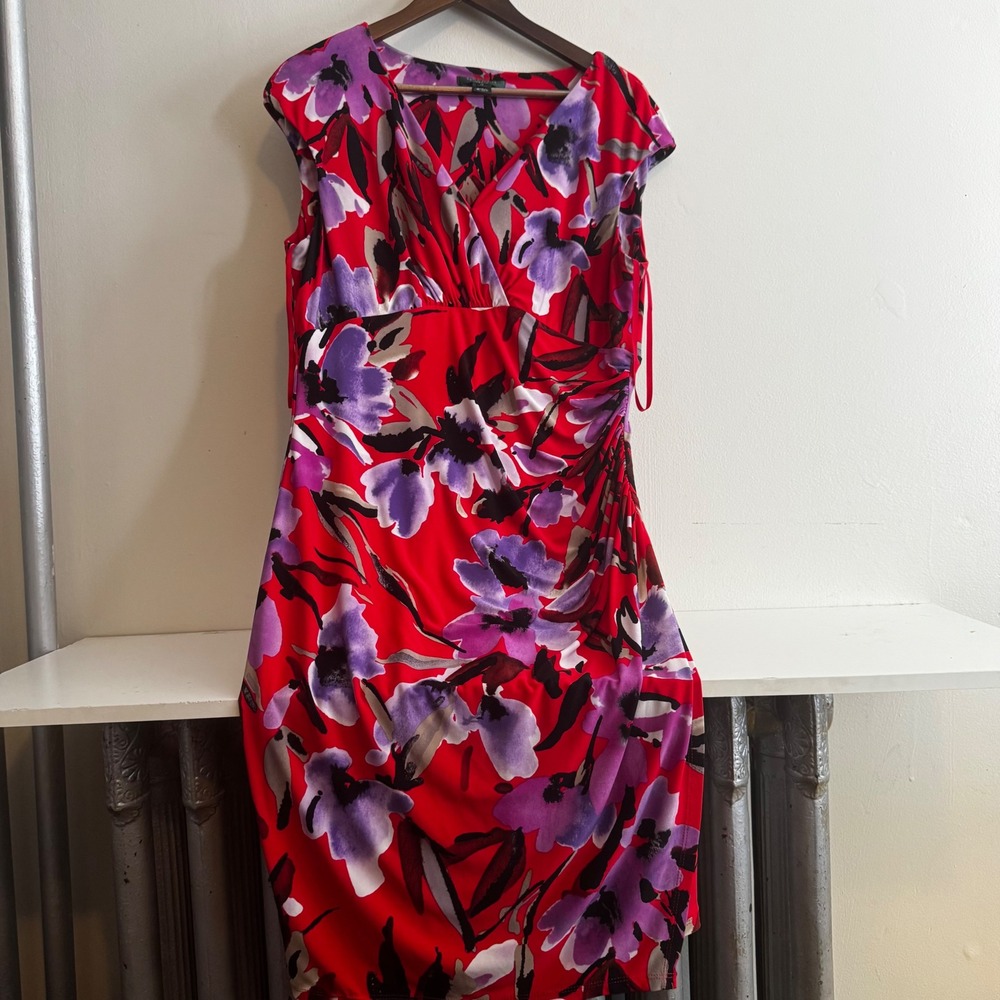 Lauren Ralph Lauren Women's Sz 14 Red Floral Sheath Dress Fall Formal Coquette